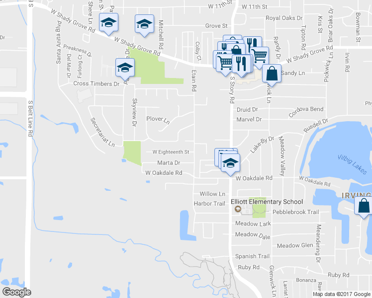 map of restaurants, bars, coffee shops, grocery stores, and more near 2611 West Eighteenth Street in Irving