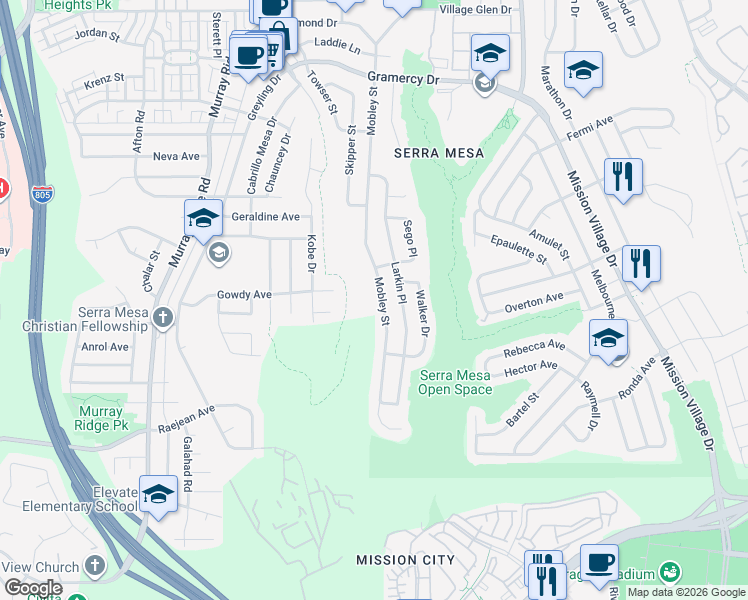 map of restaurants, bars, coffee shops, grocery stores, and more near 2824 Mobley St in San Diego