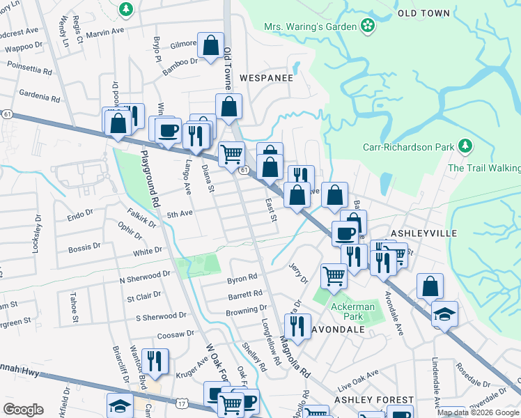 map of restaurants, bars, coffee shops, grocery stores, and more near 1138 Davidson Avenue in Charleston