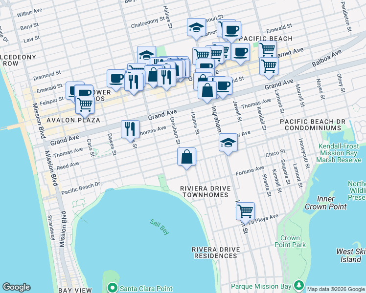 map of restaurants, bars, coffee shops, grocery stores, and more near 4211 Gresham Street in San Diego