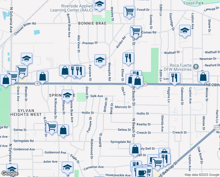 map of restaurants, bars, coffee shops, grocery stores, and more near 3710 Northeast 28th Street in Fort Worth