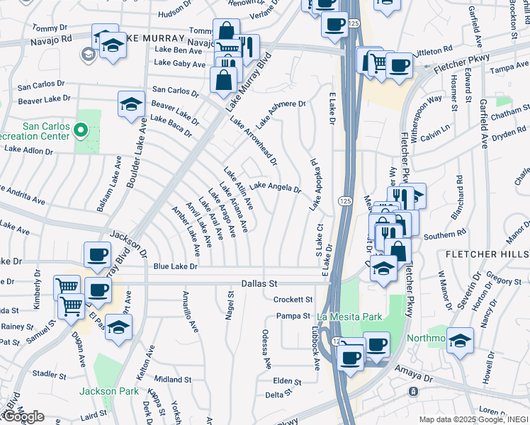 map of restaurants, bars, coffee shops, grocery stores, and more near 6314 Arms Lake Avenue in San Diego
