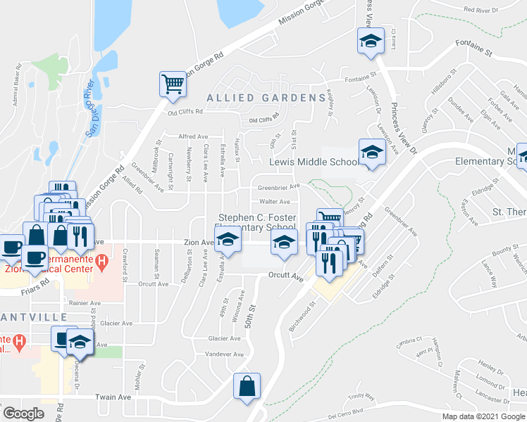 map of restaurants, bars, coffee shops, grocery stores, and more near 4942 Chaucer Ave in San Diego