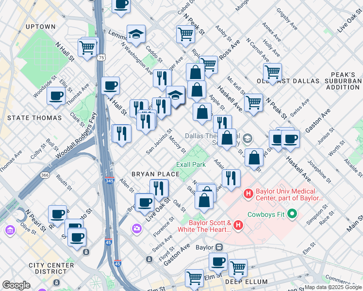 map of restaurants, bars, coffee shops, grocery stores, and more near 1420 Mccoy Street in Dallas