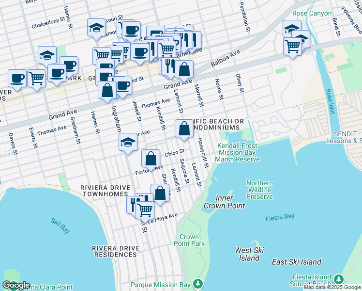map of restaurants, bars, coffee shops, grocery stores, and more near 4065 Sequoia Street in San Diego