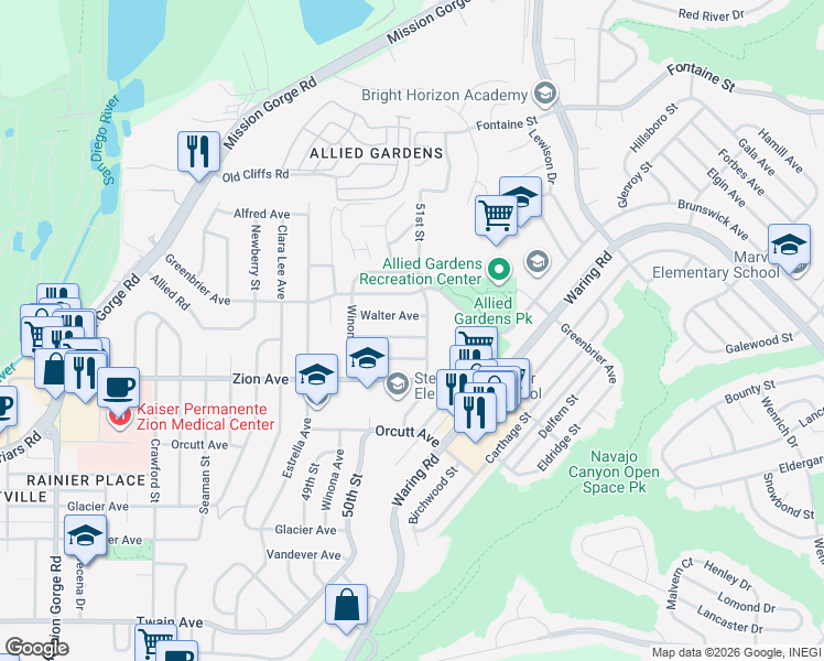 map of restaurants, bars, coffee shops, grocery stores, and more near 5054 Chaucer Avenue in San Diego