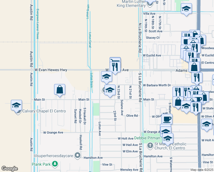 map of restaurants, bars, coffee shops, grocery stores, and more near 2450 Main Street in El Centro