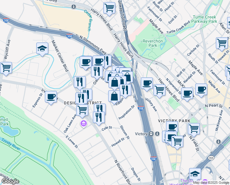 map of restaurants, bars, coffee shops, grocery stores, and more near 1548 Slocum Street in Dallas