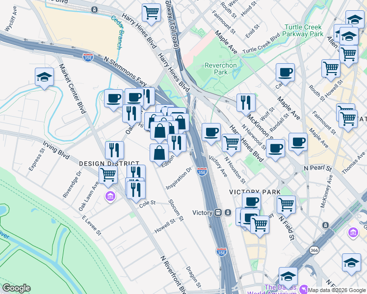 map of restaurants, bars, coffee shops, grocery stores, and more near 1445 Hi Line Drive in Dallas