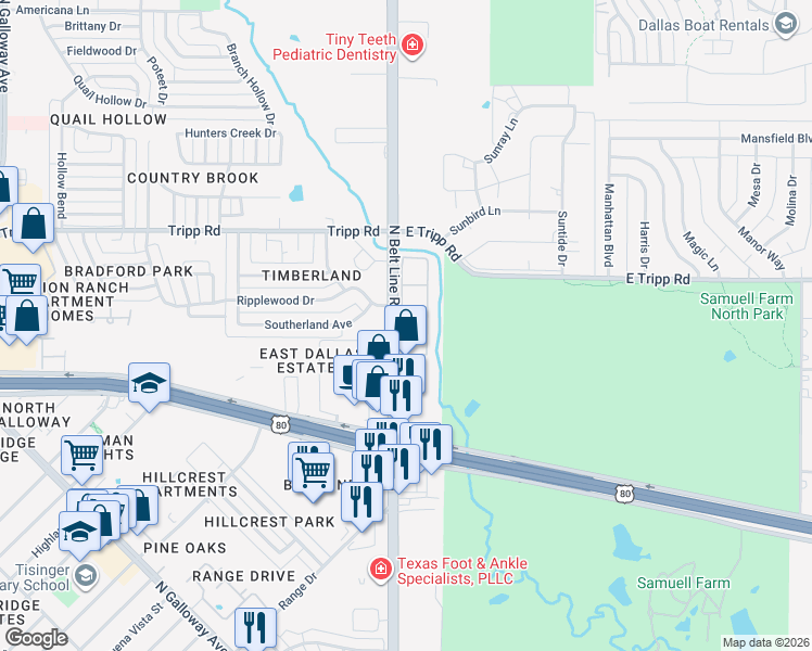 map of restaurants, bars, coffee shops, grocery stores, and more near 2212 North Belt Line Road in Mesquite