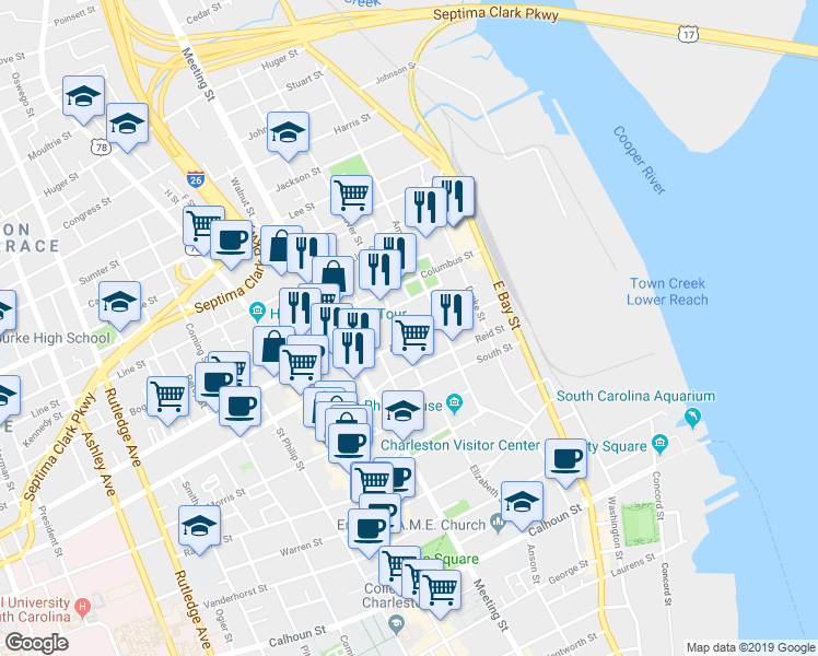 map of restaurants, bars, coffee shops, grocery stores, and more near 18 Hanover Street in Charleston