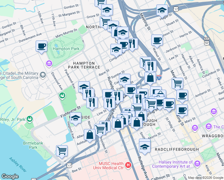 map of restaurants, bars, coffee shops, grocery stores, and more near 4 Larnes Street in Charleston