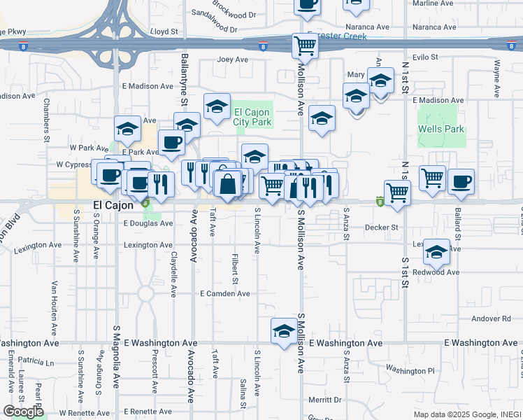 map of restaurants, bars, coffee shops, grocery stores, and more near 703 East Main Street in El Cajon