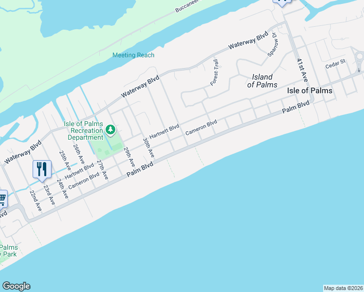 map of restaurants, bars, coffee shops, grocery stores, and more near 3105 Palm Boulevard in Isle of Palms