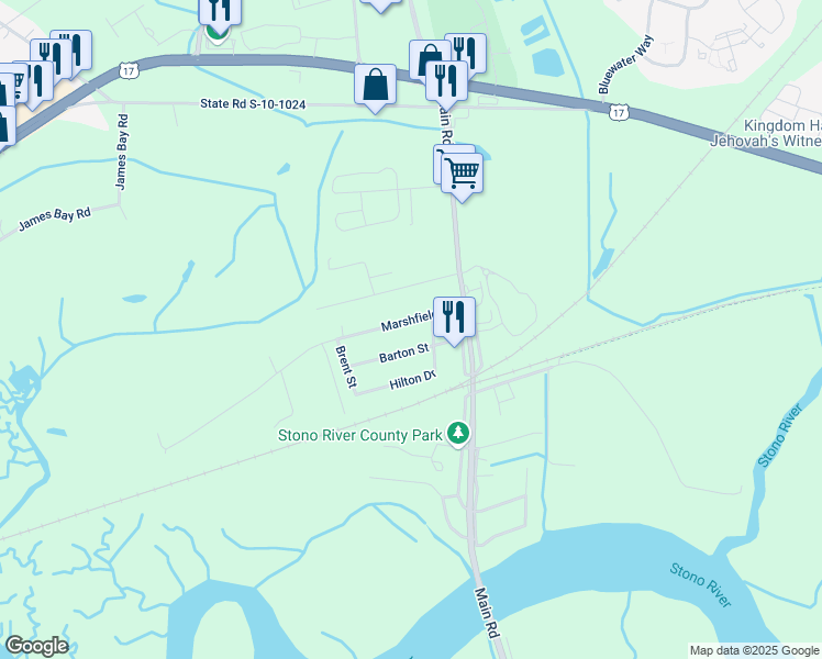 map of restaurants, bars, coffee shops, grocery stores, and more near 3627 Marshfield Road in Johns Island
