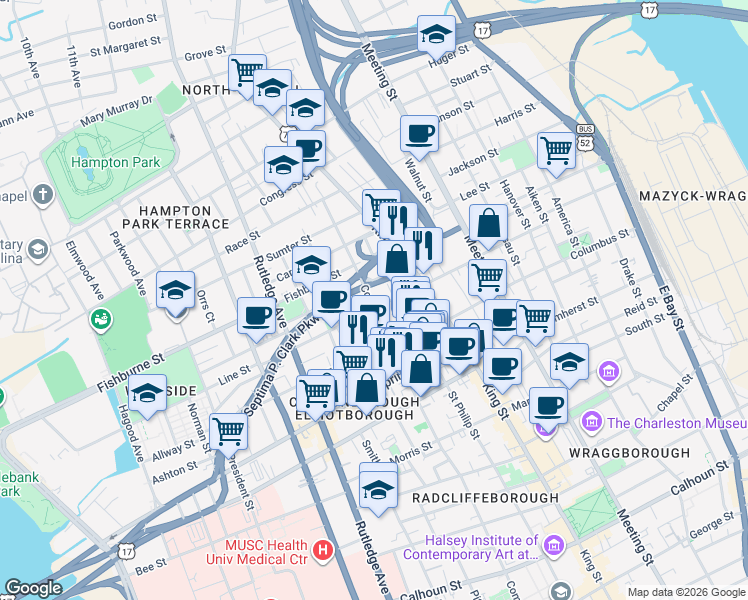 map of restaurants, bars, coffee shops, grocery stores, and more near 272 Coming Street in Charleston