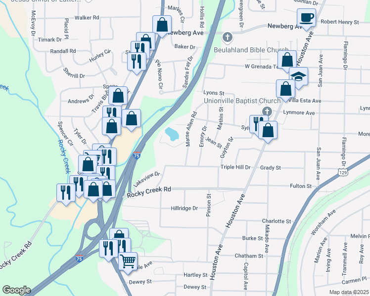 map of restaurants, bars, coffee shops, grocery stores, and more near 3983 Marse Allen Road in Macon