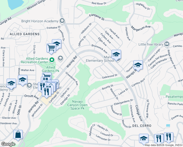 map of restaurants, bars, coffee shops, grocery stores, and more near 5633 Easton Avenue in San Diego