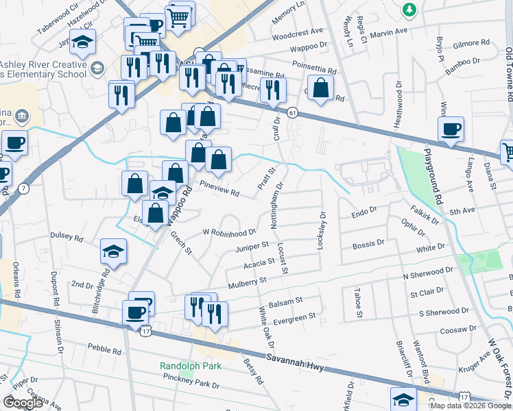 map of restaurants, bars, coffee shops, grocery stores, and more near 1605 Pineview Road in Charleston