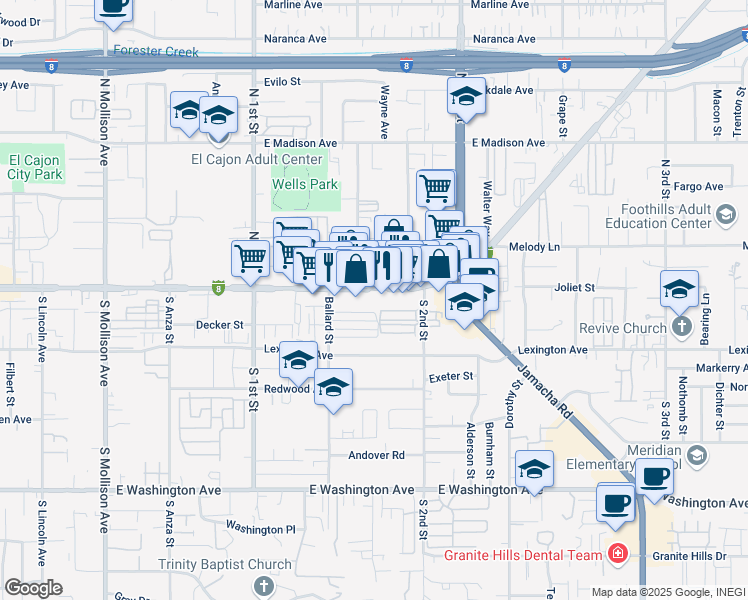 map of restaurants, bars, coffee shops, grocery stores, and more near 1245 East Main Street in El Cajon