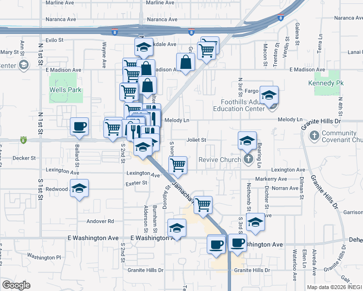 map of restaurants, bars, coffee shops, grocery stores, and more near 129 South Ivory Avenue in El Cajon