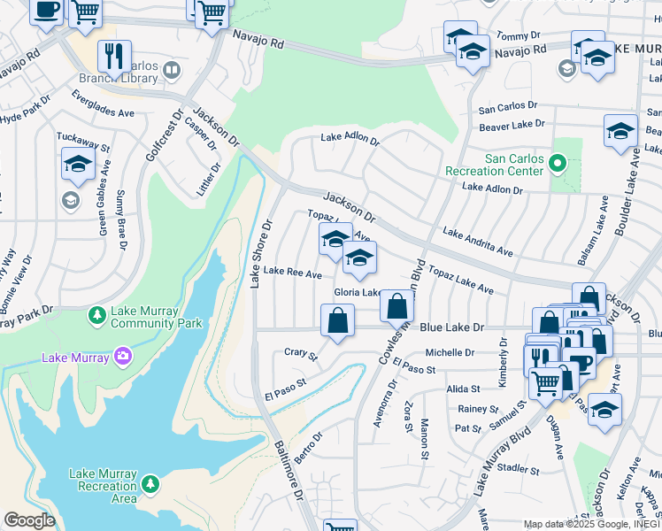 map of restaurants, bars, coffee shops, grocery stores, and more near 6254 Twin Lake Drive in San Diego