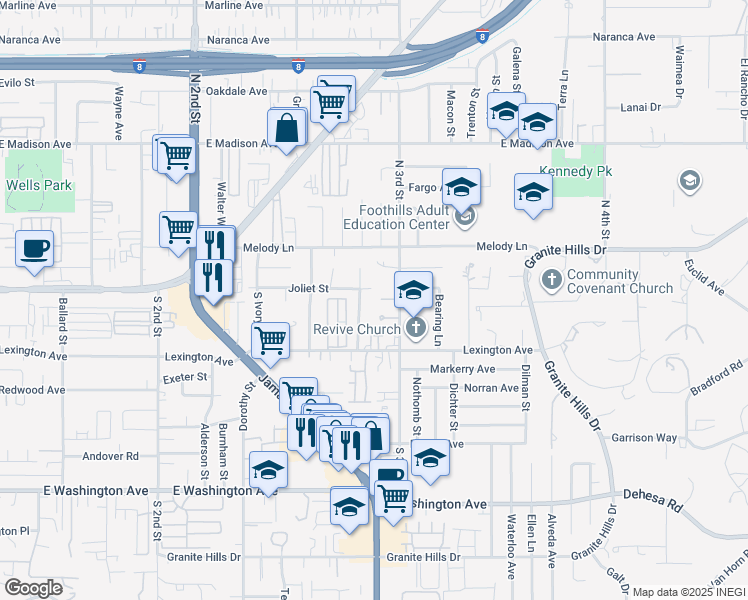 map of restaurants, bars, coffee shops, grocery stores, and more near 116 South 3rd Street in El Cajon