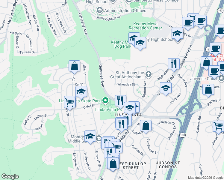 map of restaurants, bars, coffee shops, grocery stores, and more near 7033 Osler St in San Diego