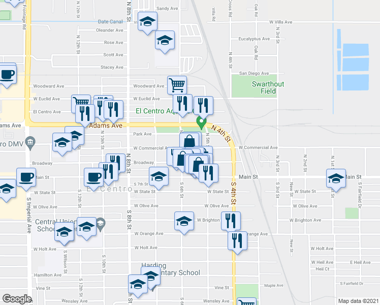 map of restaurants, bars, coffee shops, grocery stores, and more near 565 West Commercial Avenue in El Centro