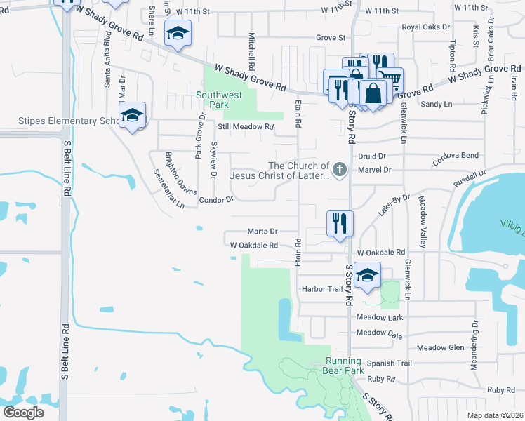 map of restaurants, bars, coffee shops, grocery stores, and more near 2711 West Eighteenth Street in Irving