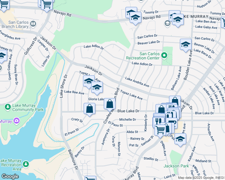 map of restaurants, bars, coffee shops, grocery stores, and more near 6287 Cowles Mountain Boulevard in San Diego
