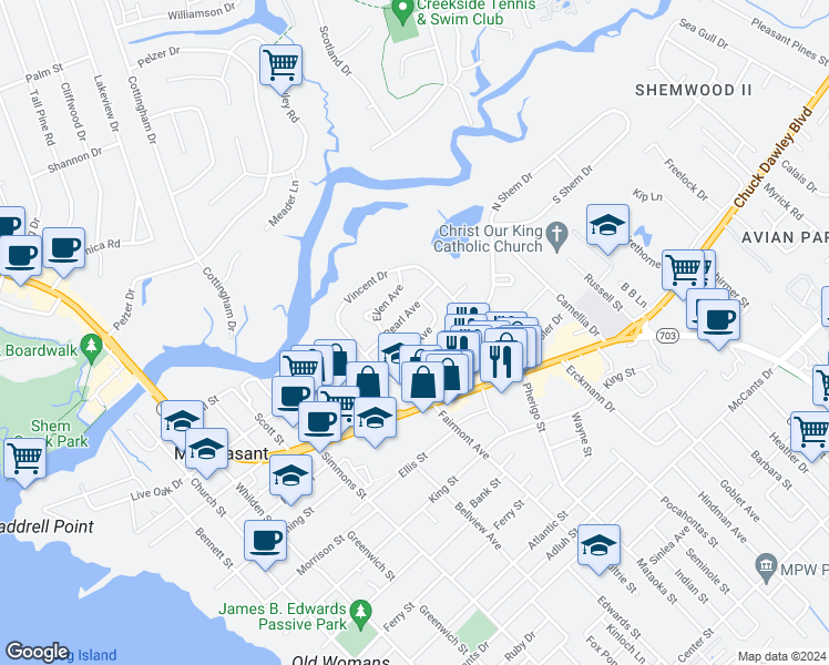 map of restaurants, bars, coffee shops, grocery stores, and more near 13 Joyce Avenue in Mount Pleasant