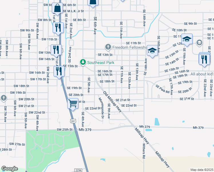 map of restaurants, bars, coffee shops, grocery stores, and more near 807 Southeast 19th Street in Mineral Wells