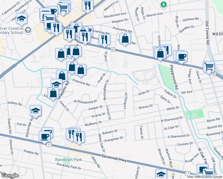 map of restaurants, bars, coffee shops, grocery stores, and more near 1528 West Robinhood Drive in Charleston
