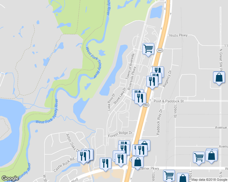map of restaurants, bars, coffee shops, grocery stores, and more near 2657 Lake Point Drive in Grand Prairie