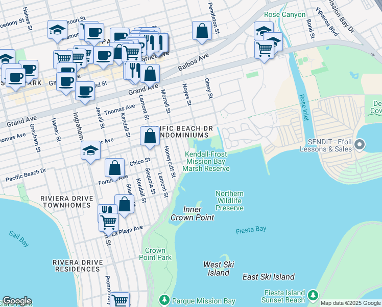 map of restaurants, bars, coffee shops, grocery stores, and more near 4023 Morrell Street in San Diego