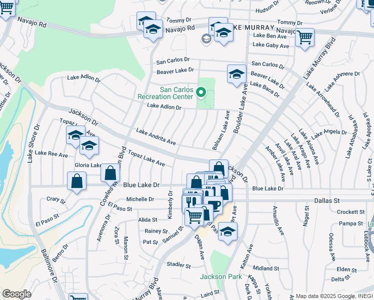 map of restaurants, bars, coffee shops, grocery stores, and more near 8139 Lake Andrita Avenue in San Diego