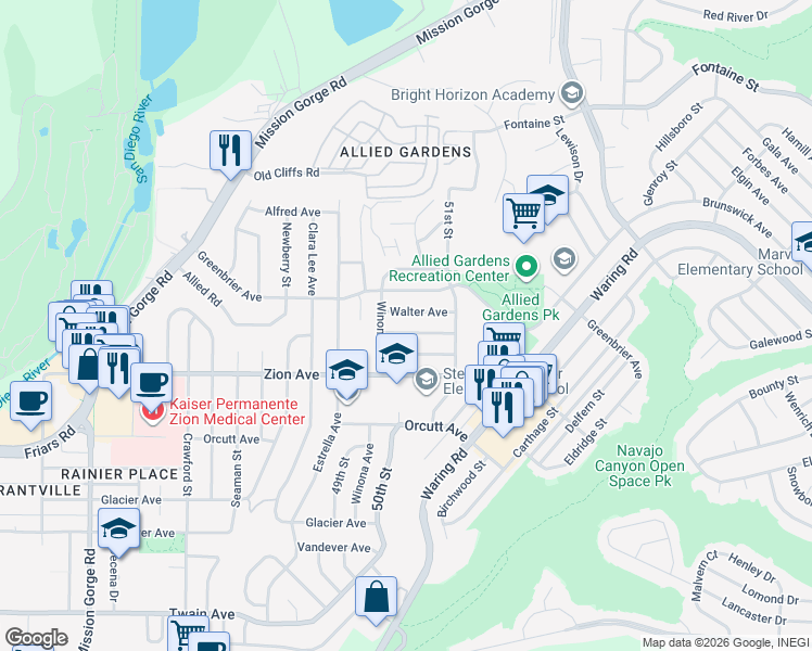 map of restaurants, bars, coffee shops, grocery stores, and more near 4954 Chaucer Avenue in San Diego
