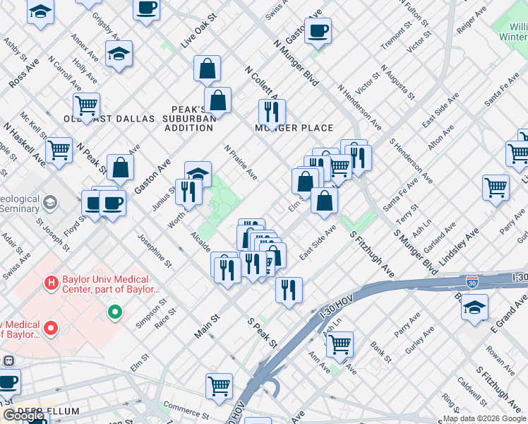 map of restaurants, bars, coffee shops, grocery stores, and more near 4629 Reiger Avenue in Dallas