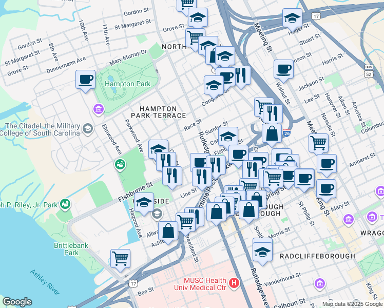 map of restaurants, bars, coffee shops, grocery stores, and more near 312 Ashley Avenue in Charleston