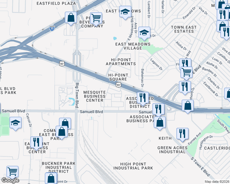 map of restaurants, bars, coffee shops, grocery stores, and more near 4200 U.S. 80 in Mesquite