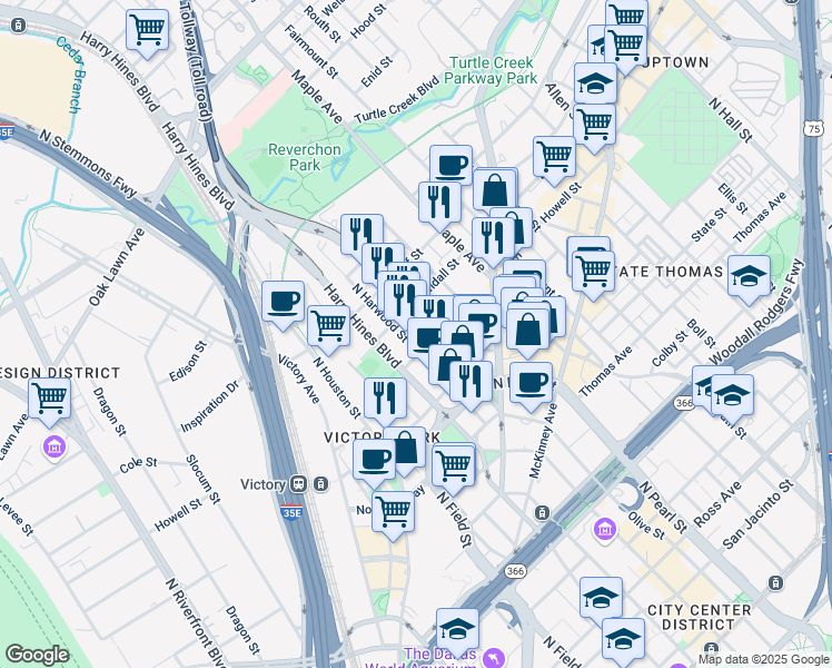 map of restaurants, bars, coffee shops, grocery stores, and more near 2814 North Harwood Street in Dallas