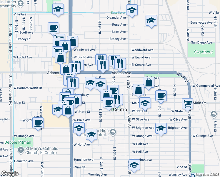 map of restaurants, bars, coffee shops, grocery stores, and more near 1021 West Commercial Avenue in El Centro