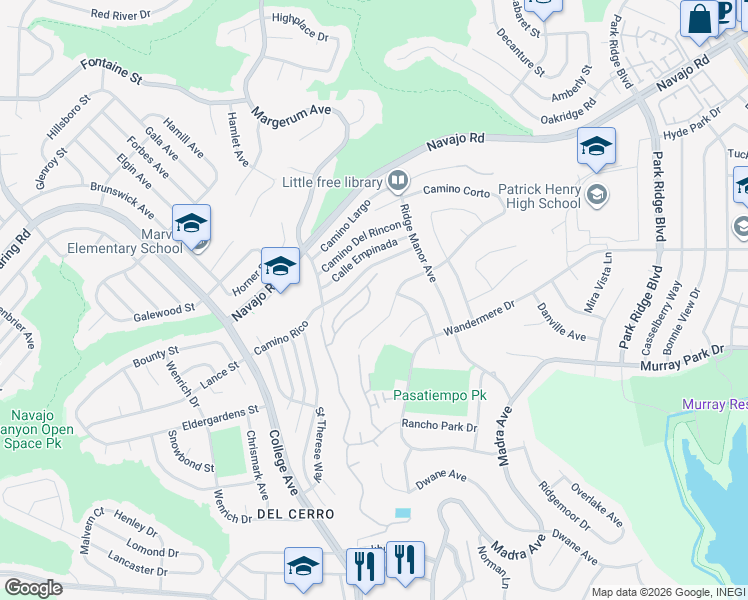 map of restaurants, bars, coffee shops, grocery stores, and more near 6165 Caminito Pan in San Diego