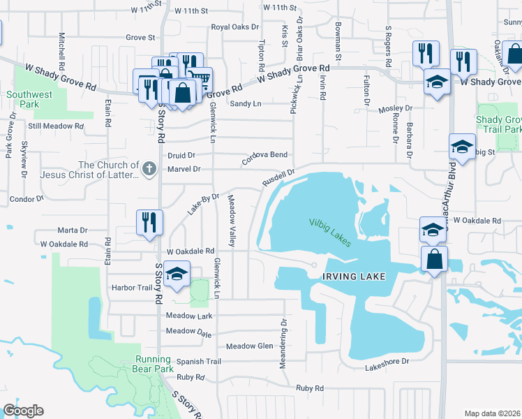 map of restaurants, bars, coffee shops, grocery stores, and more near 1760 Rusdell Drive in Irving