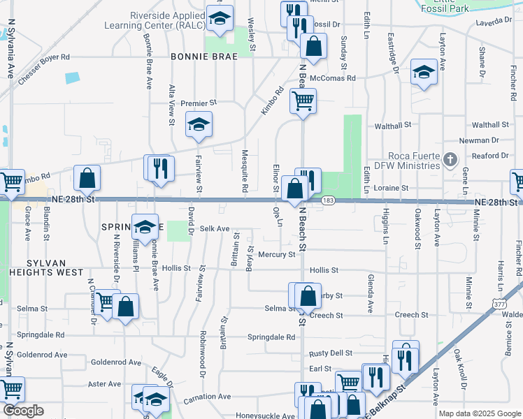 map of restaurants, bars, coffee shops, grocery stores, and more near 3722 Northeast 28th Street in Haltom City