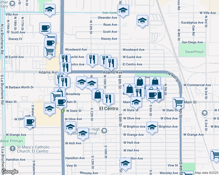 map of restaurants, bars, coffee shops, grocery stores, and more near 873 West Commercial Avenue in El Centro