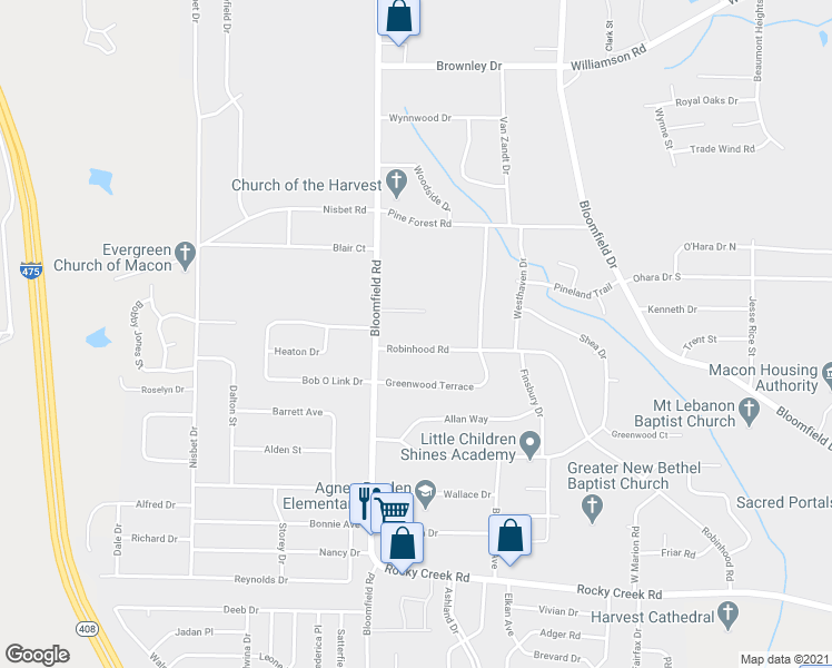 map of restaurants, bars, coffee shops, grocery stores, and more near 2595 Robinhood Road in Macon
