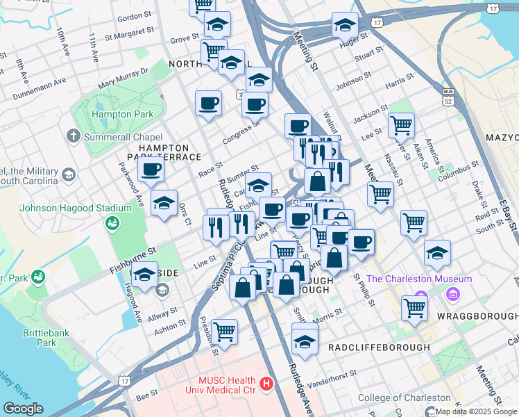 map of restaurants, bars, coffee shops, grocery stores, and more near 2 Perry Street in Charleston