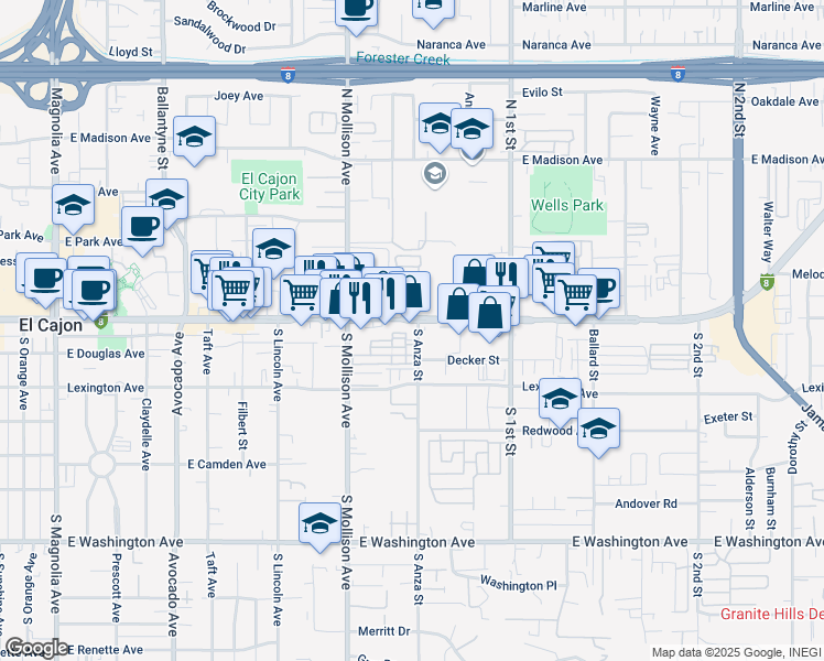 map of restaurants, bars, coffee shops, grocery stores, and more near 150 South Anza Street in El Cajon